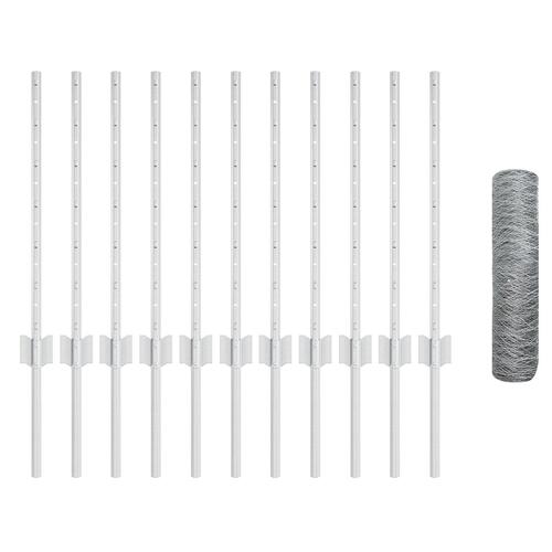 Stolper til hegn 11 stk U-kanal 60 cm galvaniseret stål, Sekskantet hegn 0.6x25 m galvaniseret stål