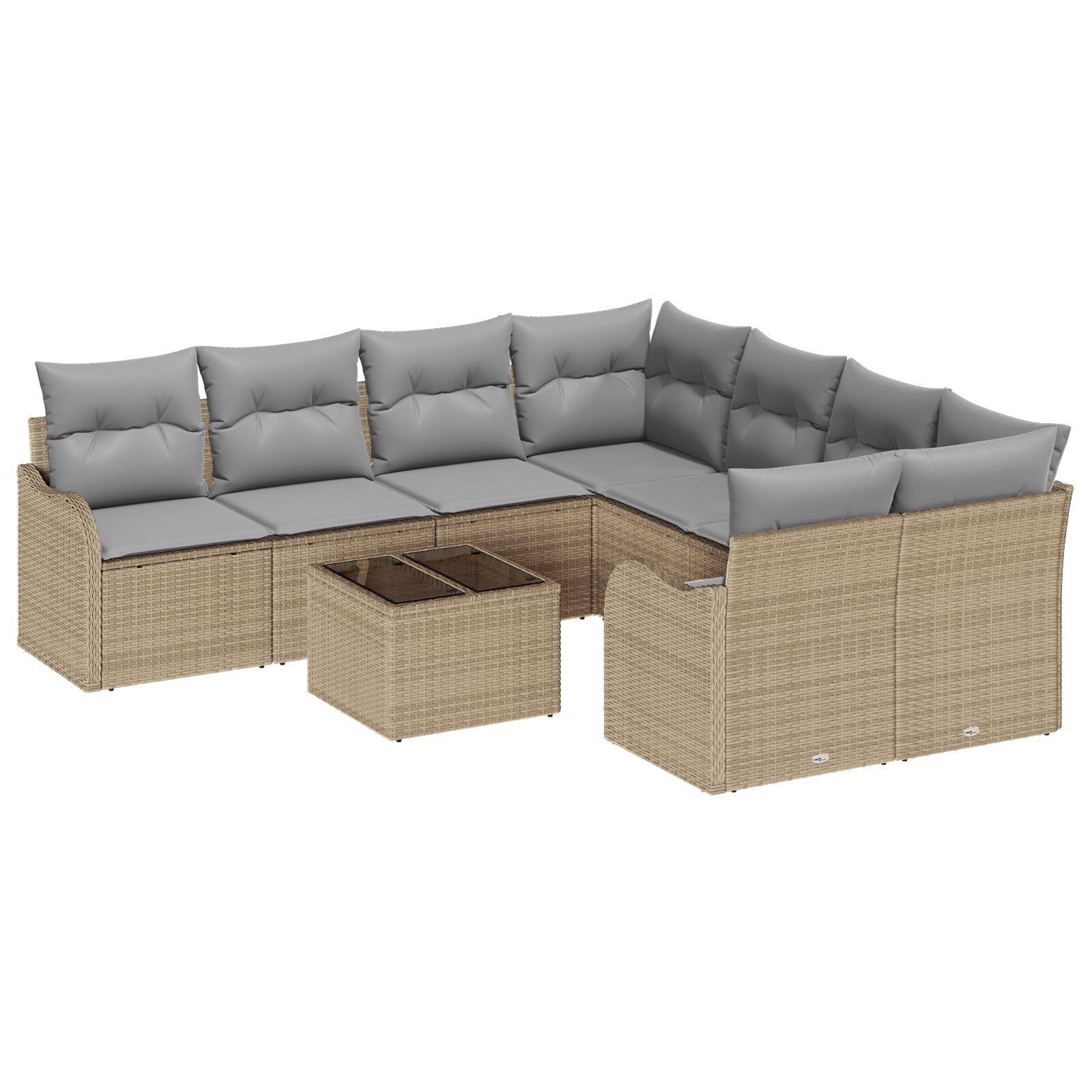 9 Stykke Have Sofa Sæt med Puder Beige Poly Rattan, 2-Personers Have Sofa med Puder Beige Poly Rattan