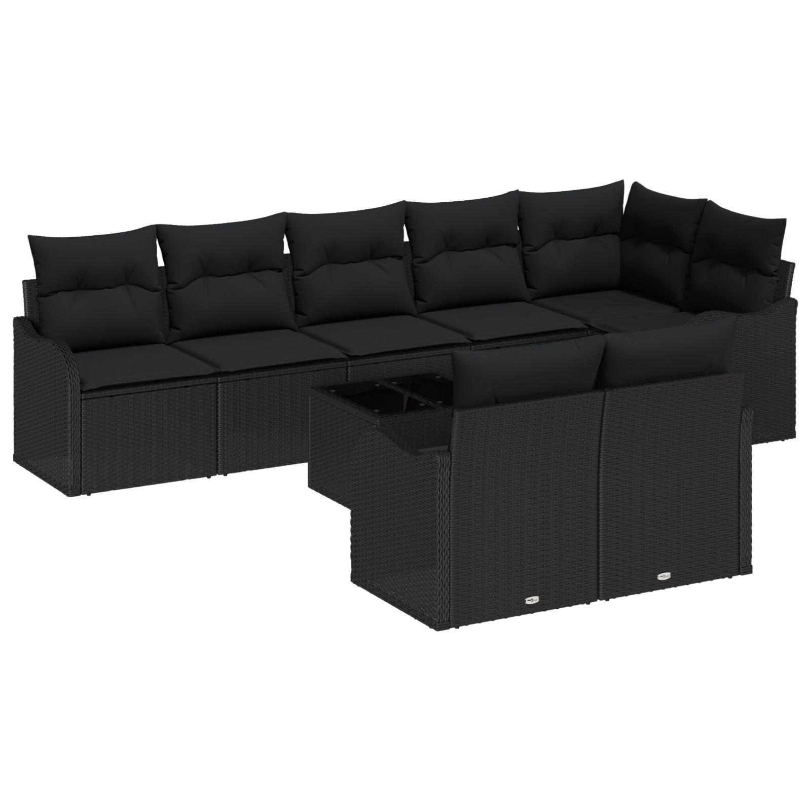 Havesofa Sæt med pude 9 stk Sort Poly rattan