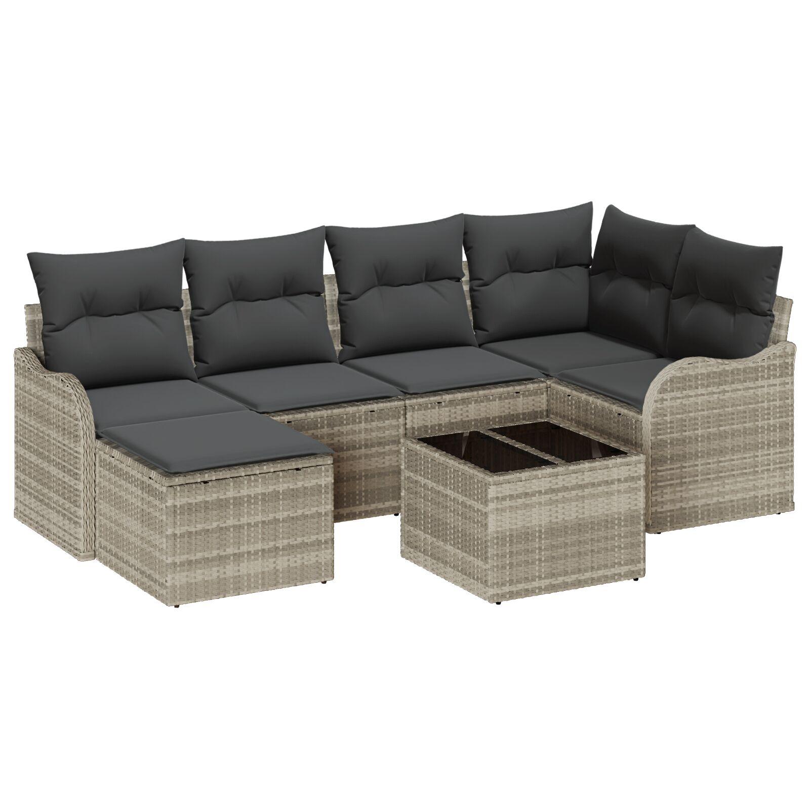 Havesofa Sæt med pude 7 stk Lysegrå Poly rattan