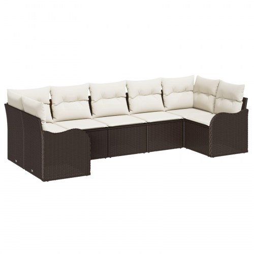 7 Delt Have Sofa Sæt med Puder Brun Poly Rattan, 2-sæders Have Sofa med Puder Brun Poly Rattan
