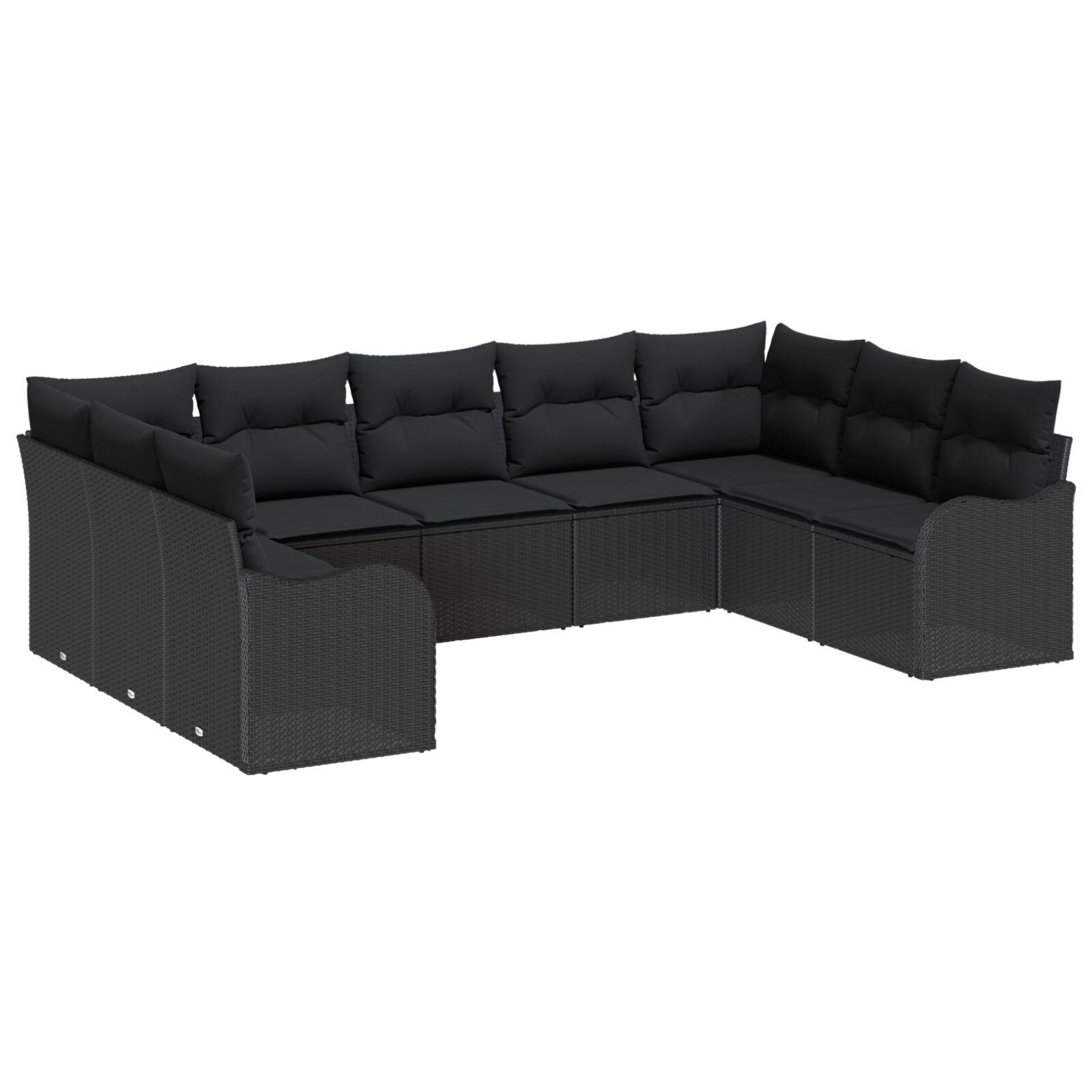 Havesofa Sæt med pude 9 stk Sort Poly rattan
