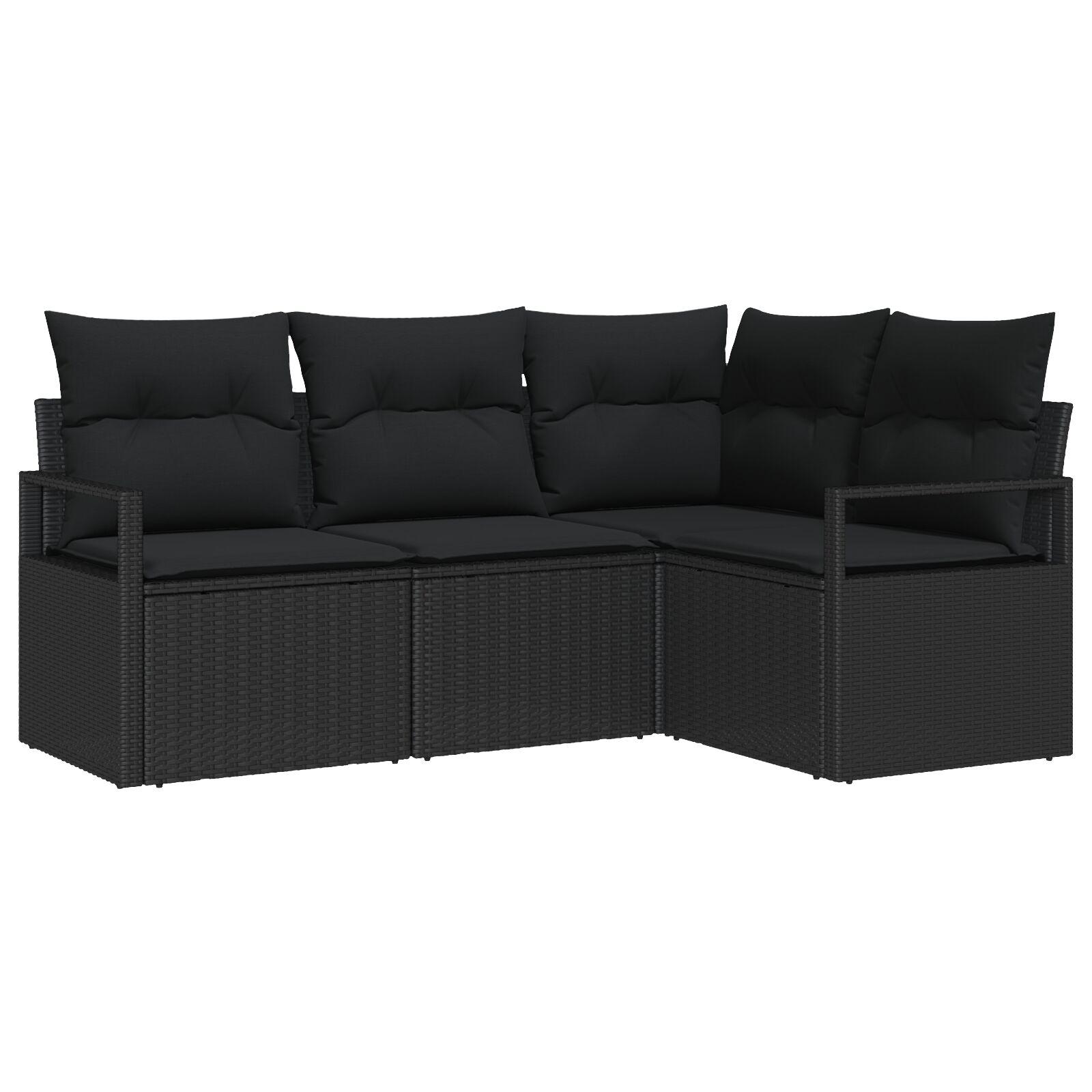 Havesofa sæt 4 dele i sort polyrattan med puder