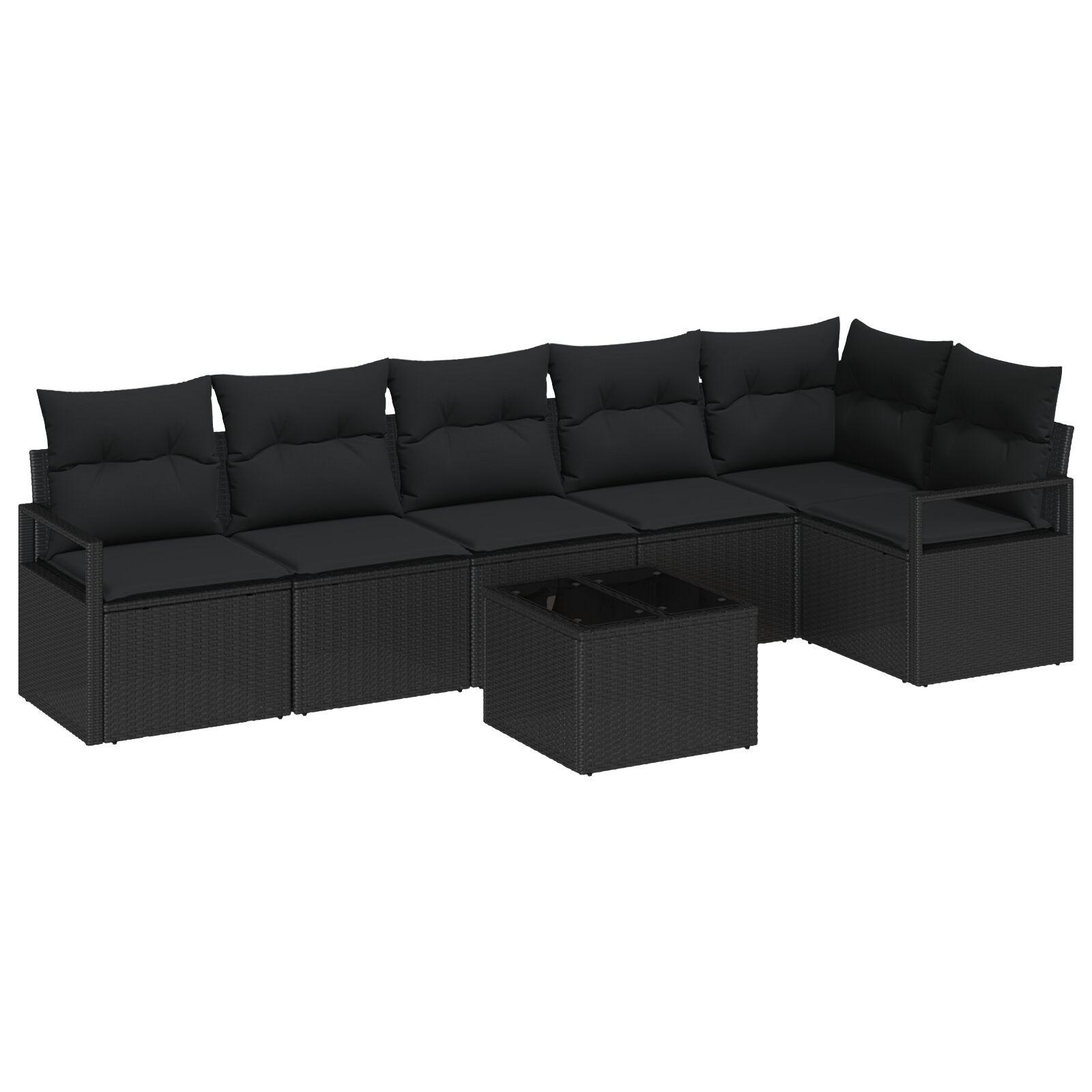 Sofa sæt med puder - 7 dele i sort polyrattan, modulært loungesæt til terrasse og have