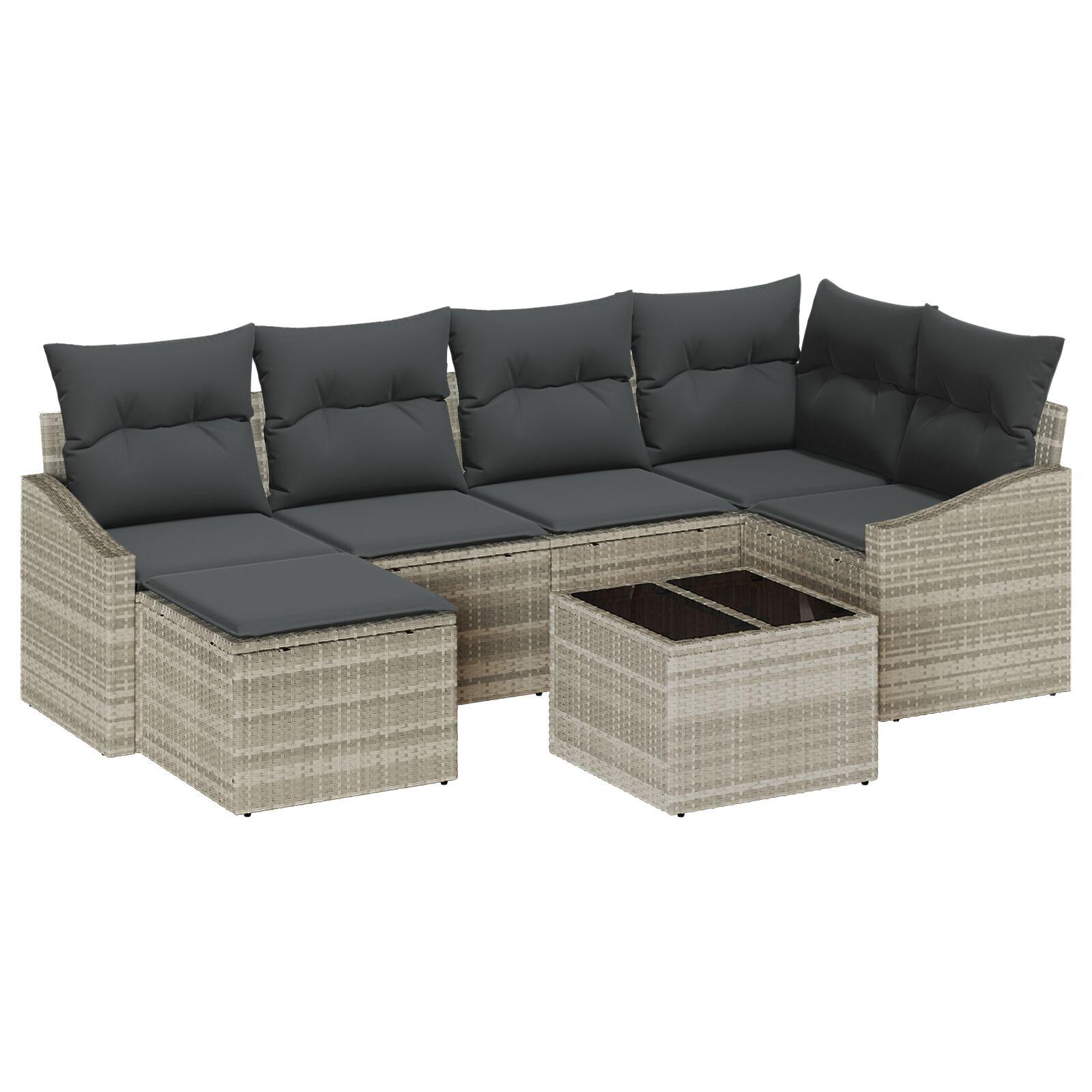 Sofa sæt med puder - 7 dele i lysegrå polyrattan, modulært