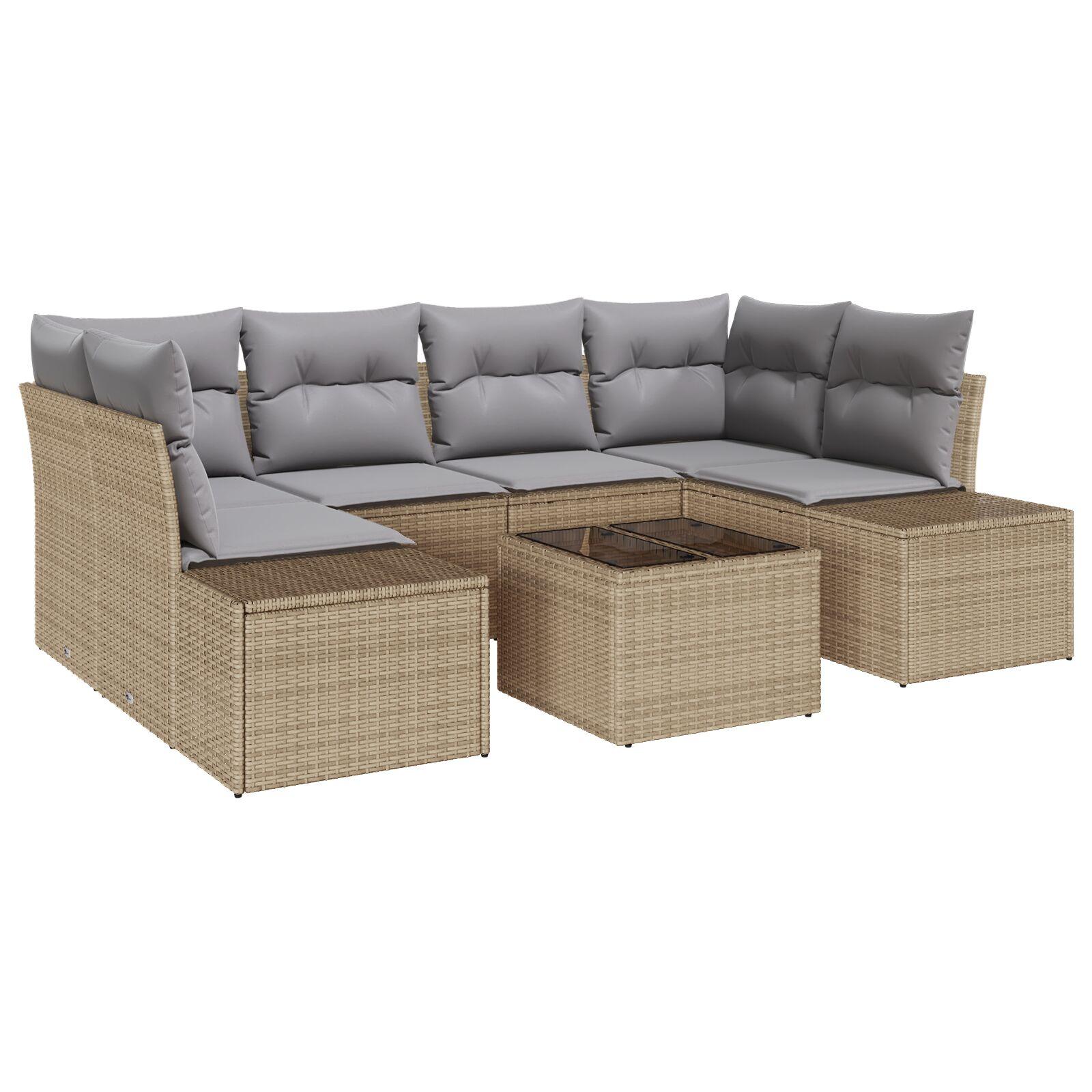 Havesofa sæt i beige polyrattan - modulært loungesæt med puder, 7 dele