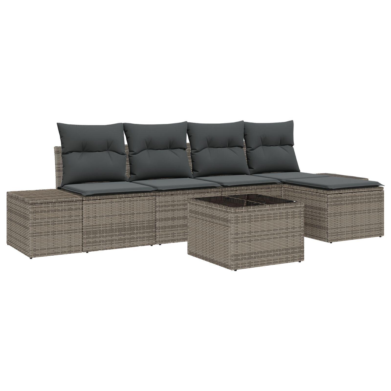 Havesofa sæt i grå polyrattan - 6 dele, modulært loungesæt med puder