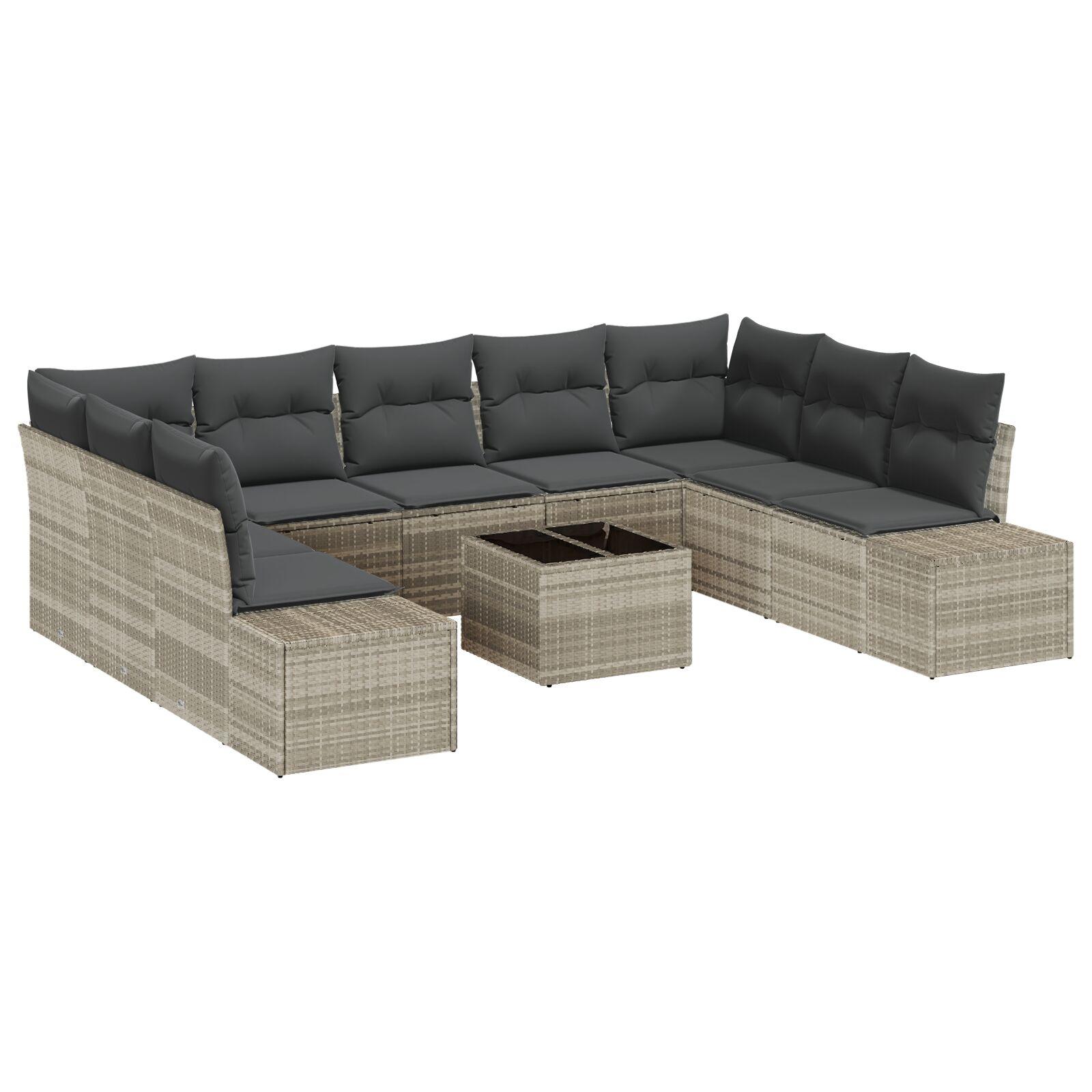 Havesofa sæt med puder - 10 dele i lysegrå polyrattan, modulopbygget loungesæt