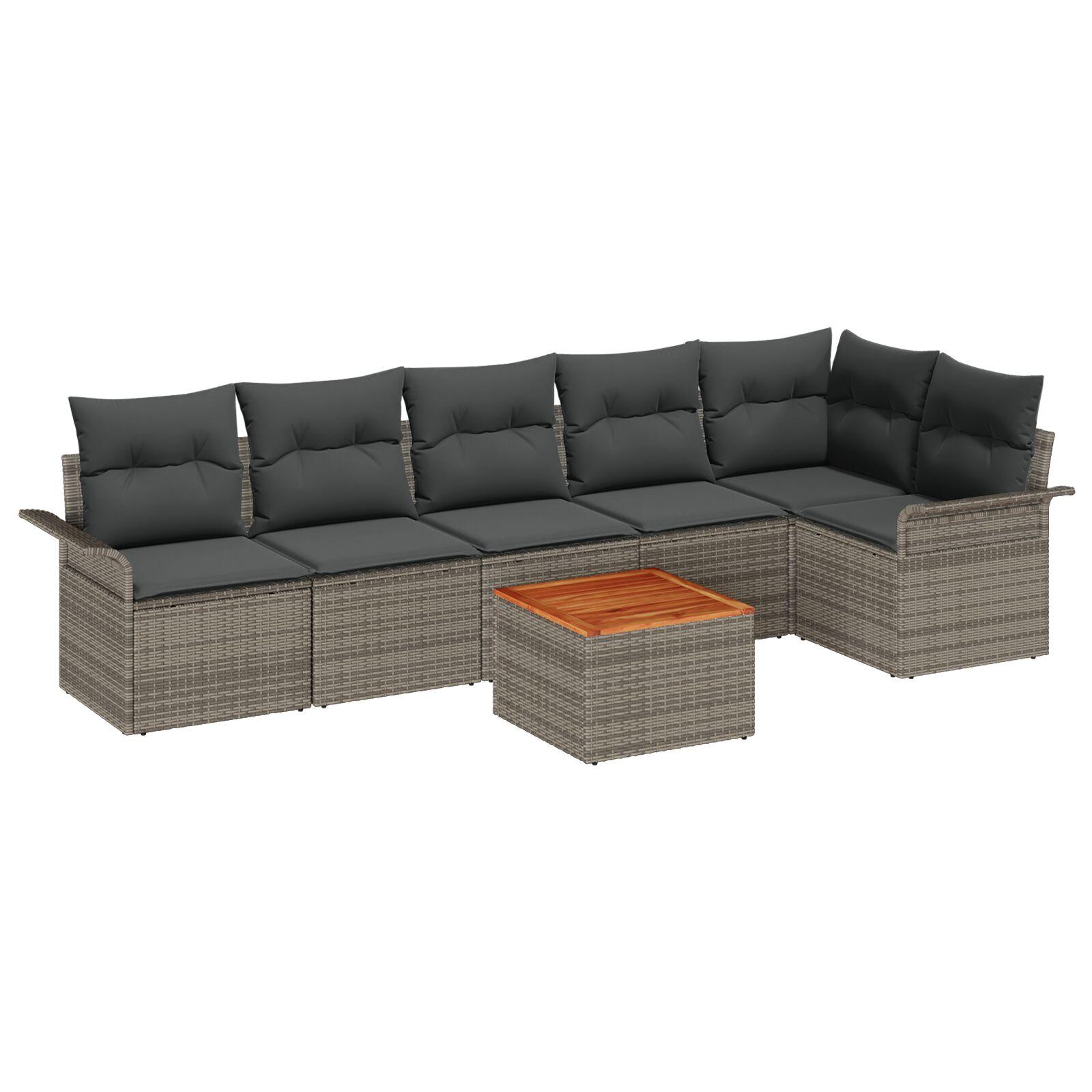 Havesofa sæt i grå polyrattan - modulært loungesæt med bord, 7 dele