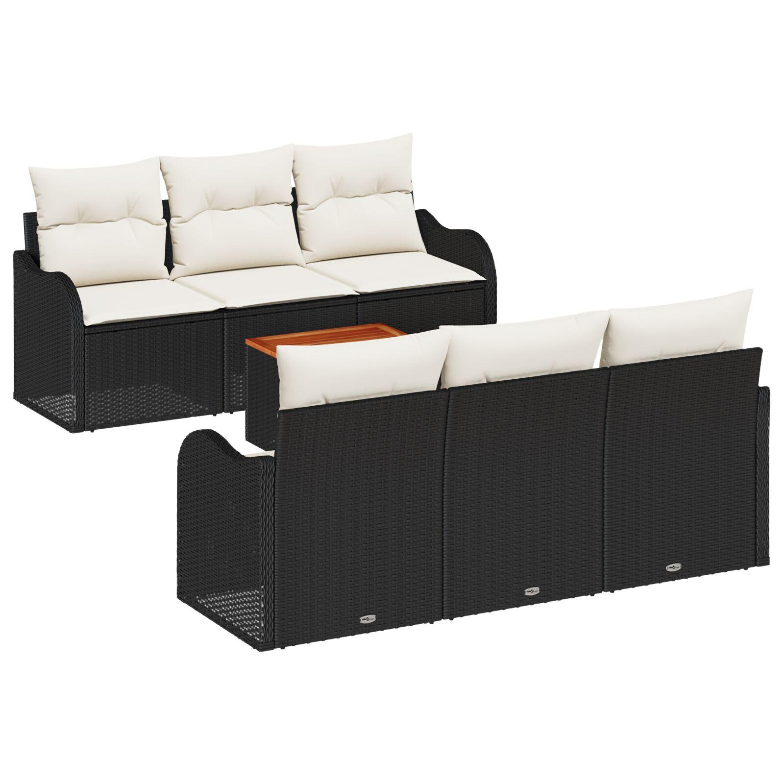 Havesofa sæt i sort polyrattan - modulært loungesæt med puder, 7 dele
