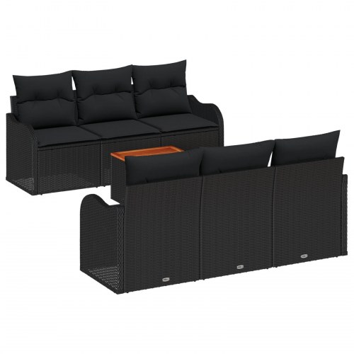 7 dele have sofa sæt med puder sort poly rattan akacietræ, 2-personers have sofa med puder sort poly rattan
