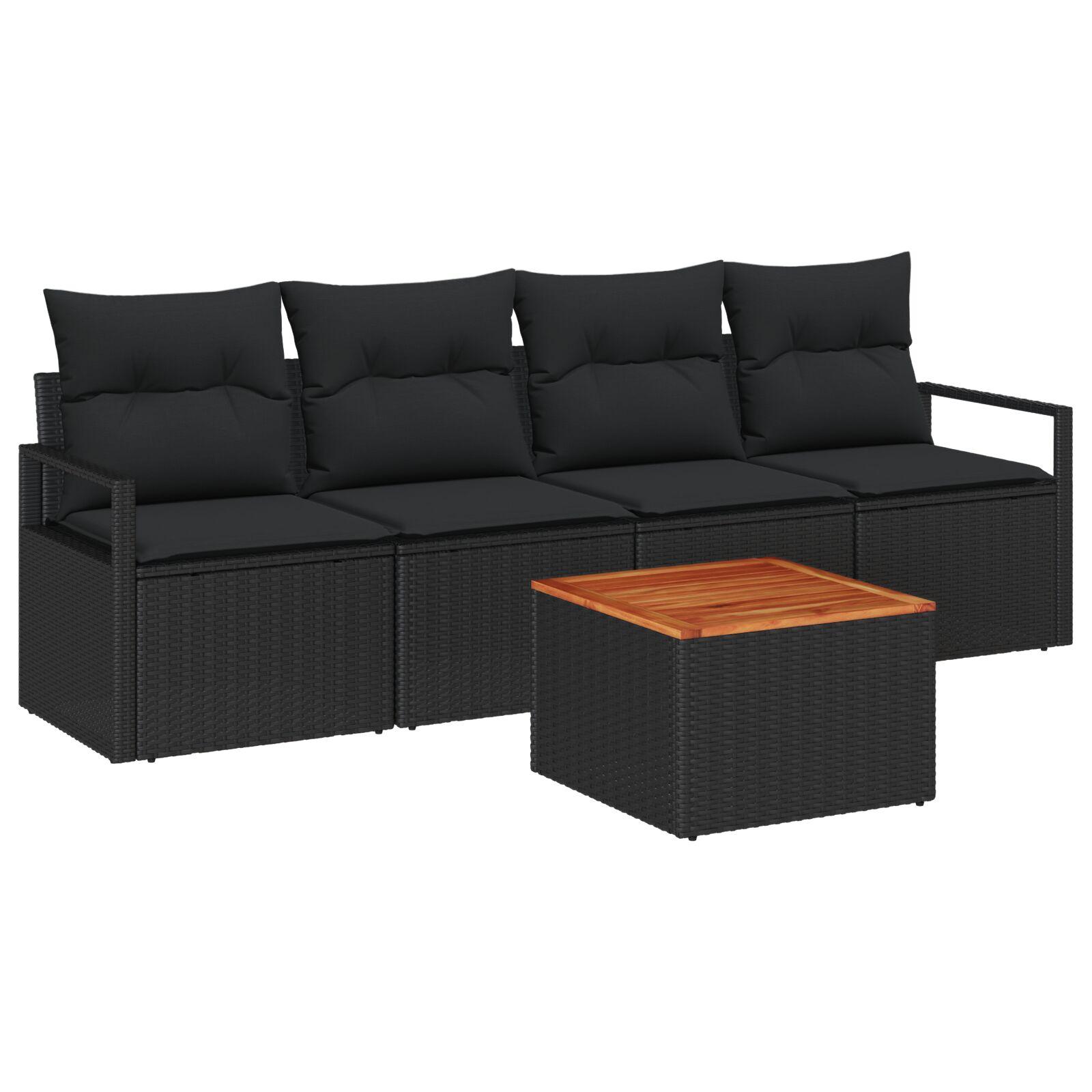 Havesofa Sæt med pude 5 stk Sort Poly rattan