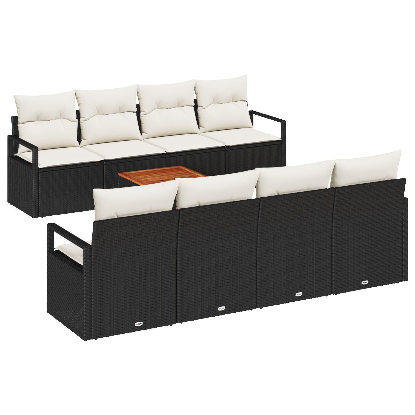 Havesofa sæt i sort polyrattan - 9 dele med puder og akacietræsbord
