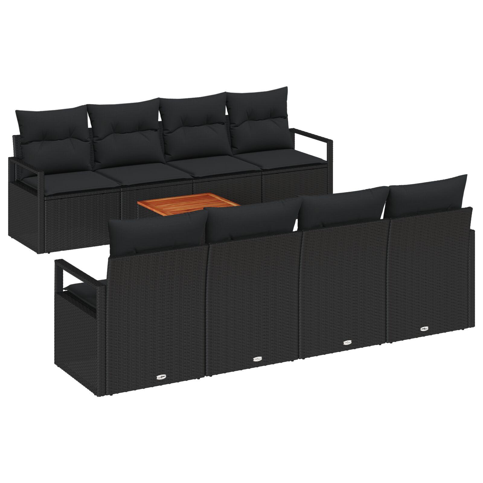 Havesofa sæt i sort polyrattan - modulært loungesæt med puder, 9 dele