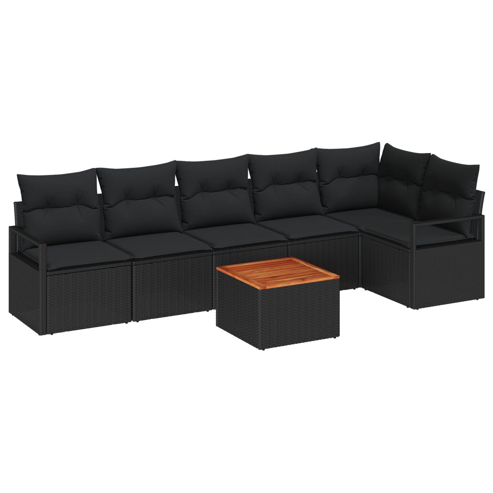 Havesofa-sæt i sort polyrattan med puder - 7 dele, modulært