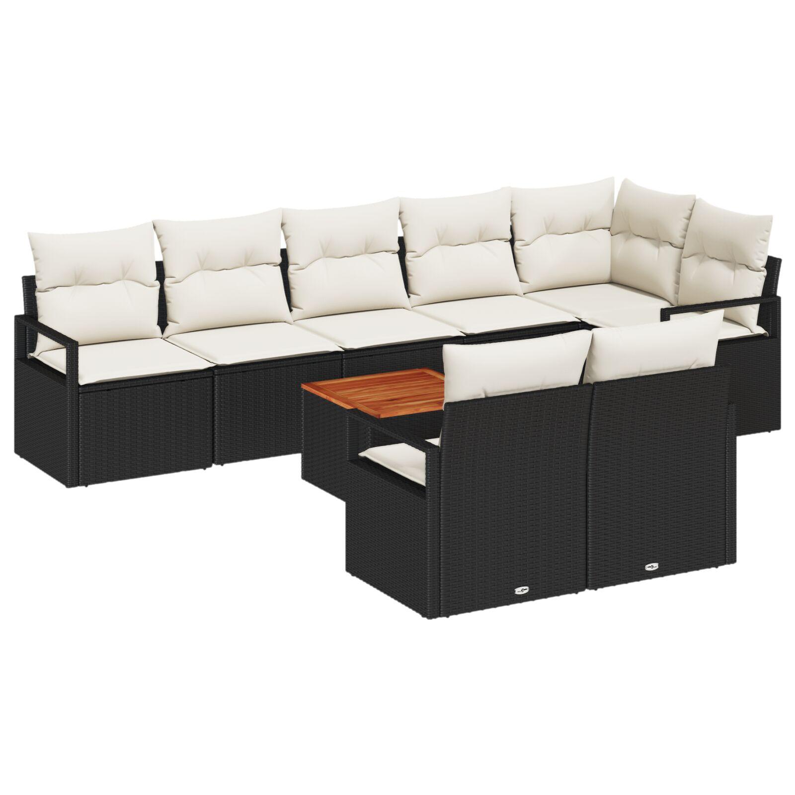 Havesofa-sæt i sort polyrattan med puder - 9 dele, modulopstilling