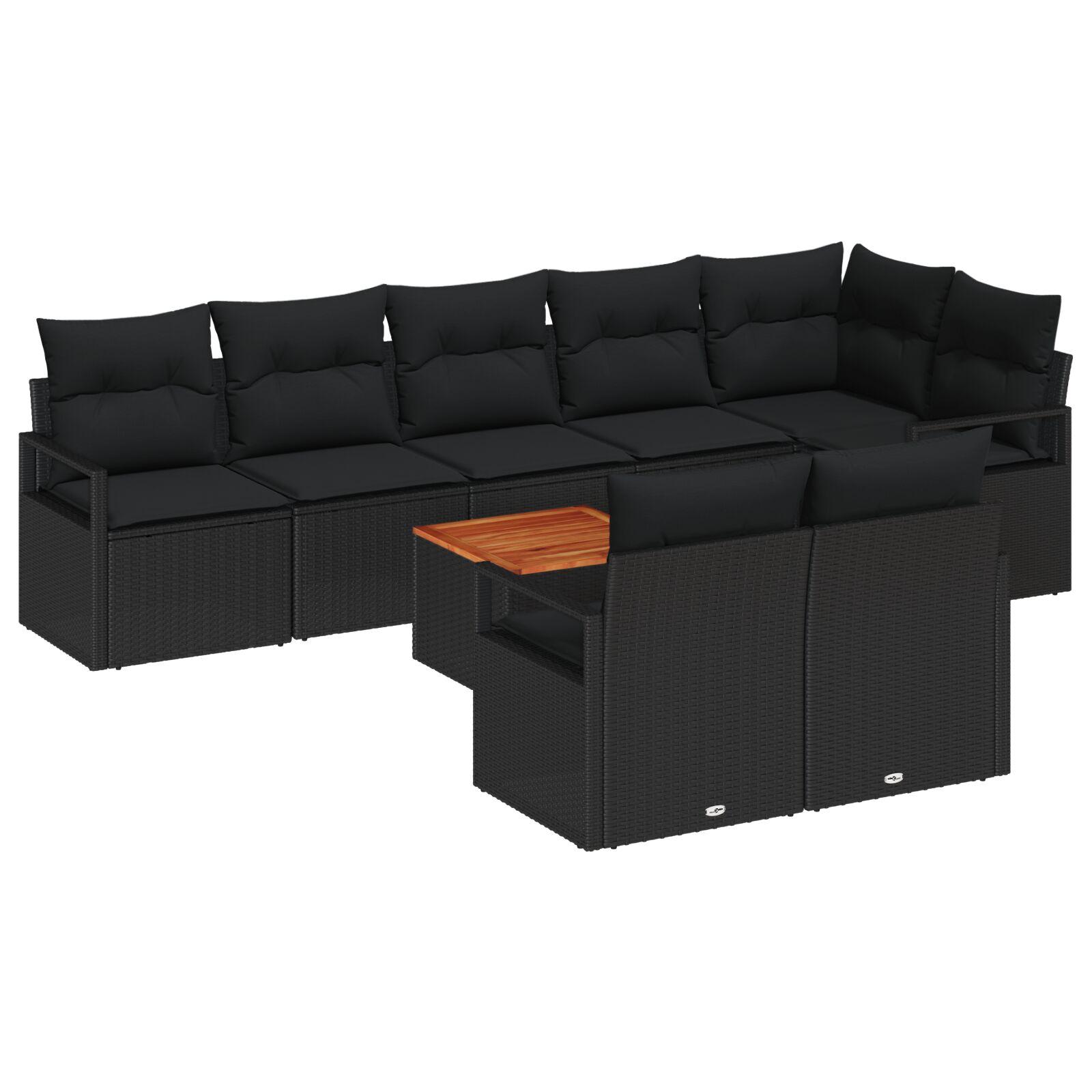 Havesofa-sæt i sort polyrattan - modulopbygget loungesæt med puder, 9 dele