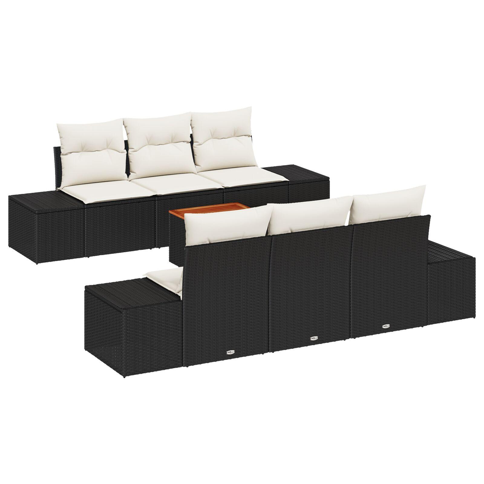 Havesofa sæt i sort polyrattan - modulært loungesæt med puder, 7 dele