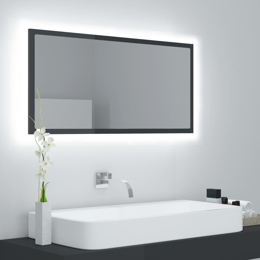 Badeværelsesspejl med LED-lys 90x8,5x37 cm akryl grå højglans