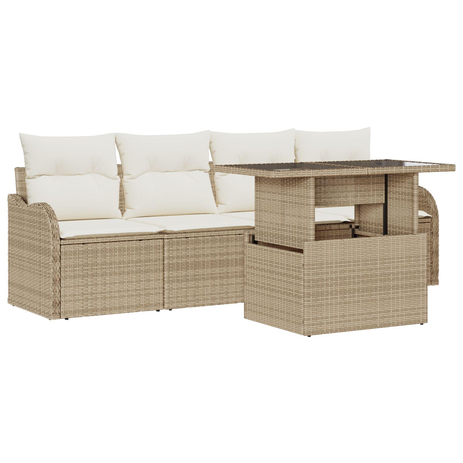 Havesofa sæt i beige poly rattan med puder 5 dele