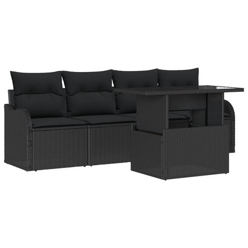 5 Stk Havemøbelsæt med Puder Sort Poly Rattan, 2-Personers Havemøbel Sofa med Puder Sort Poly Rattan