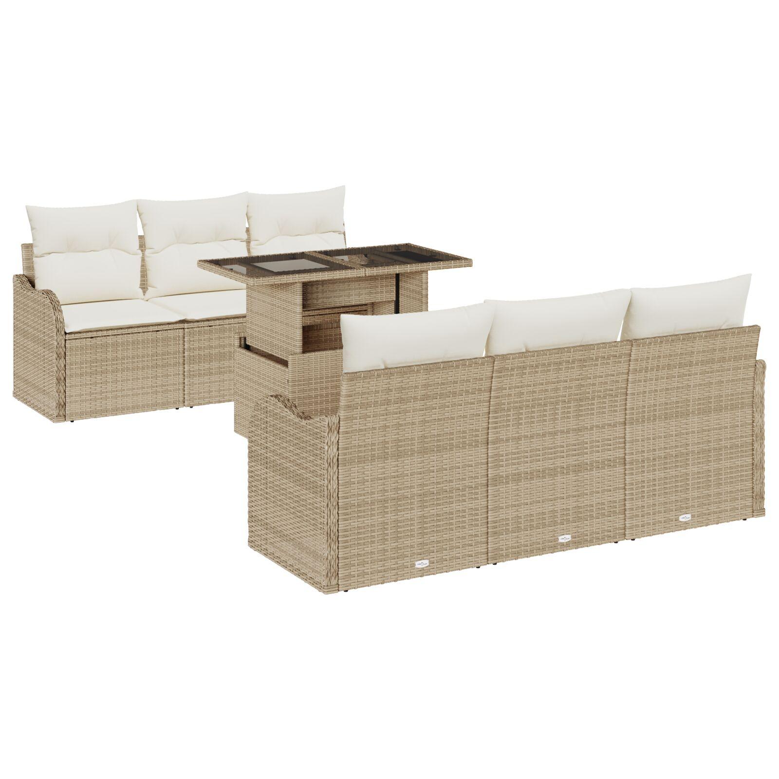Havesofa sæt 7 stk med puder og bord i beige poly rattan