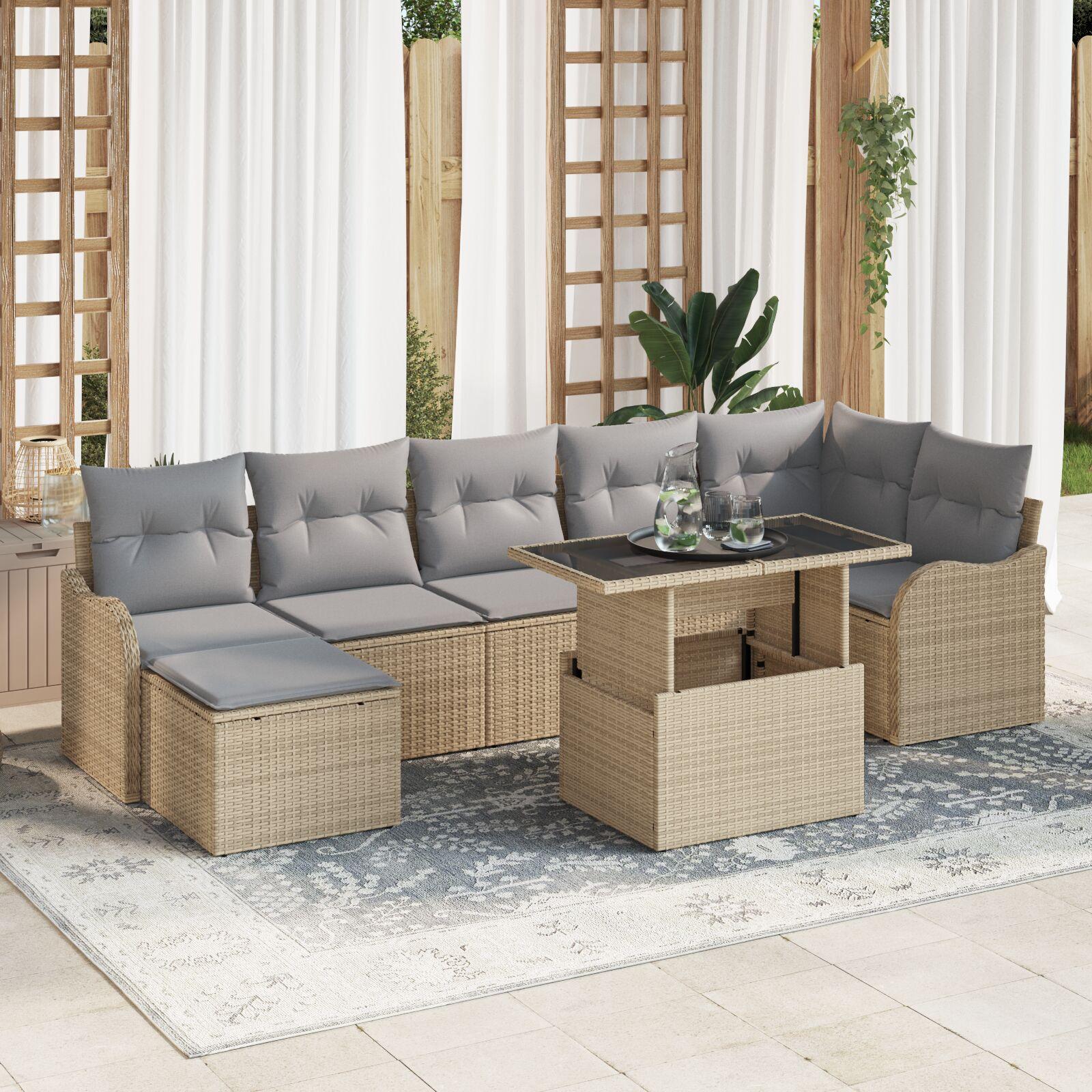 Havesofa Sæt Med Pude 8 Dele Poly Rattan - beige og grå