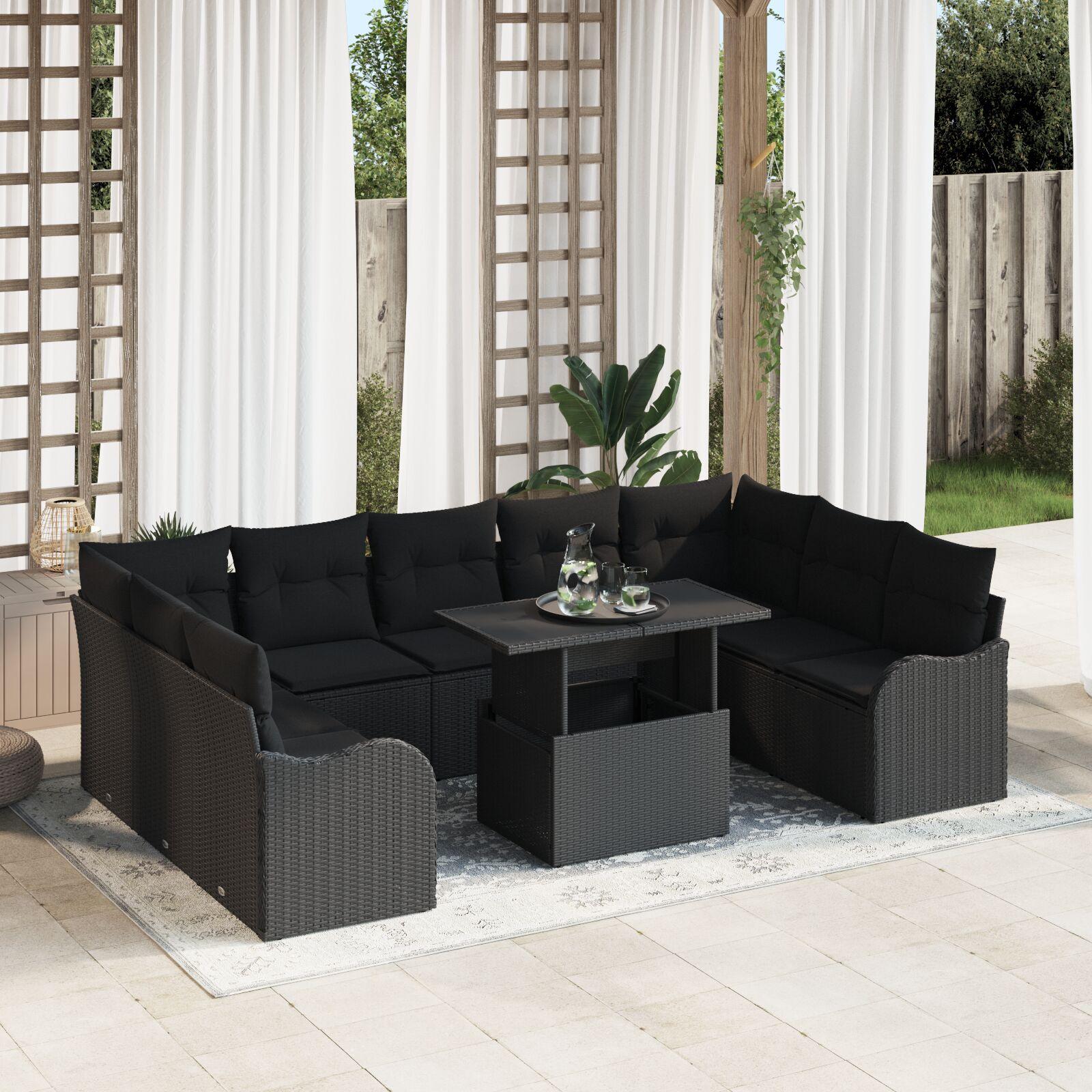 Havesofa SÃ¦t med pude 10 stk Sort Poly rattan