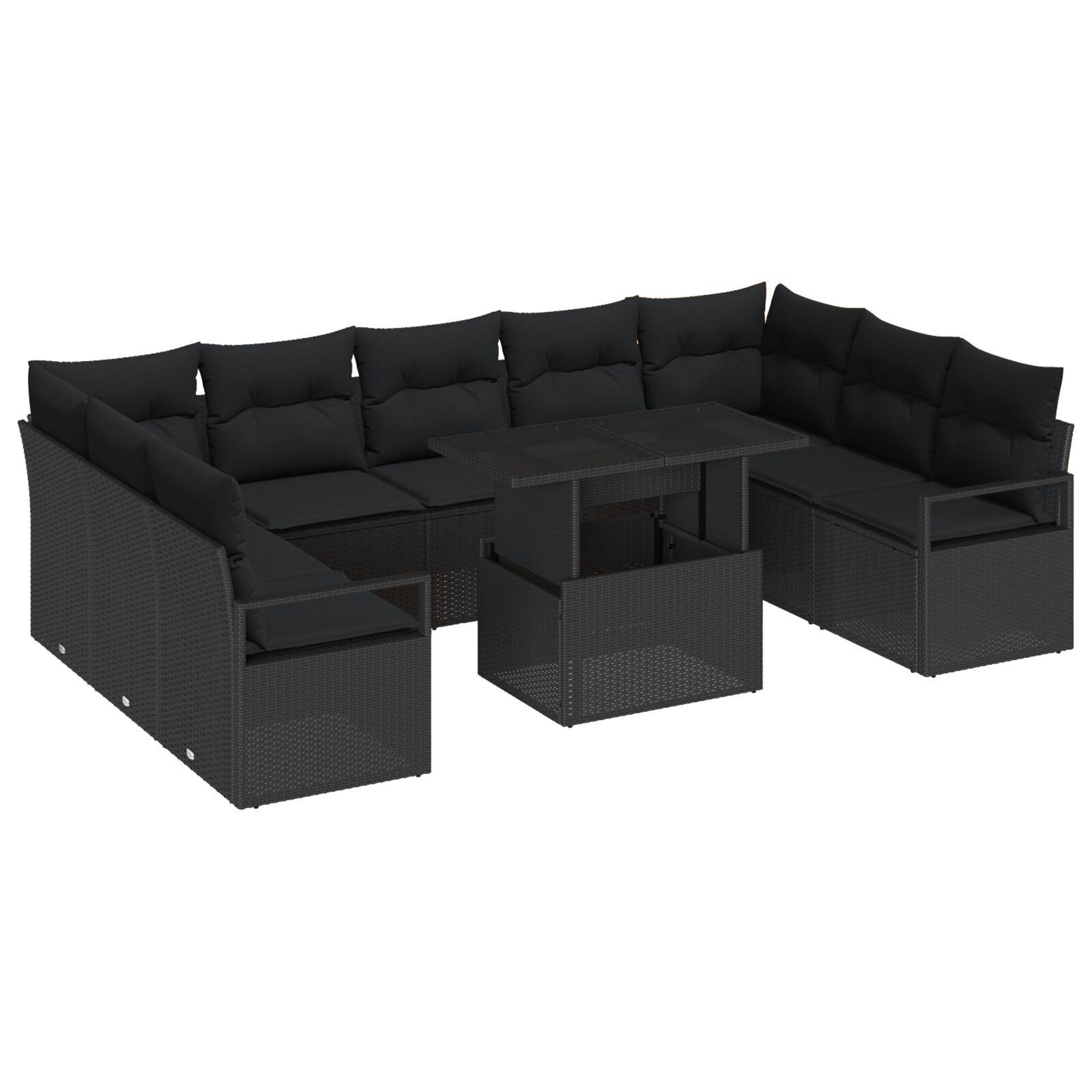 Havesofa Sæt 10 stk Sort Polyrattan og pulverlakeret stål