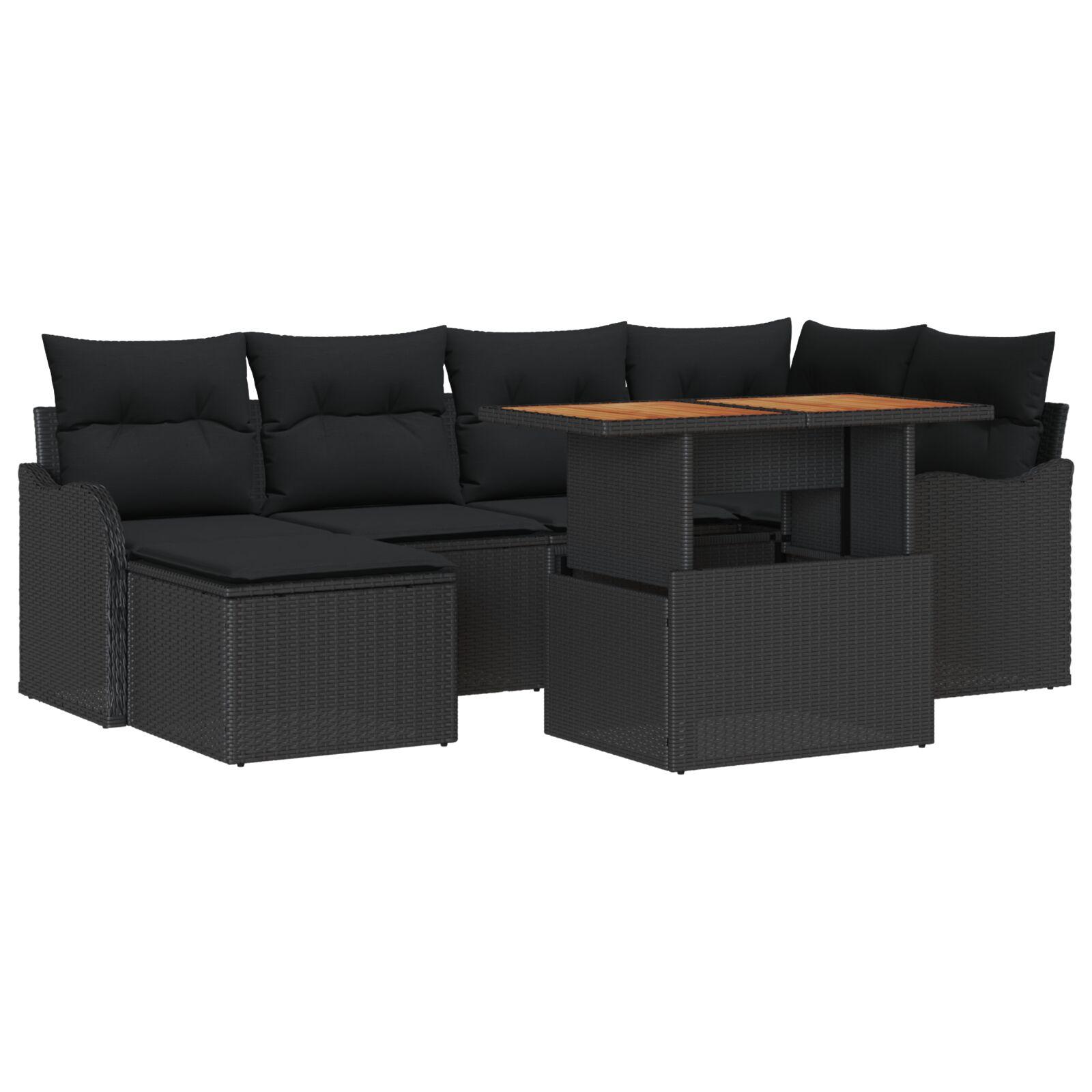 Havesofa Sæt 7 stk Sort Polyrattan og pulverlakeret stål