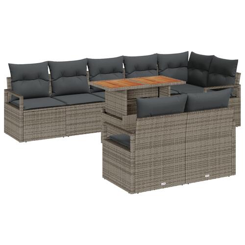 9 Styks Have Sofa Sæt med Pudser Grå Poly Rattan Akacietræ, 2-Sæders Have Sofa med Pudser Grå Poly Rattan