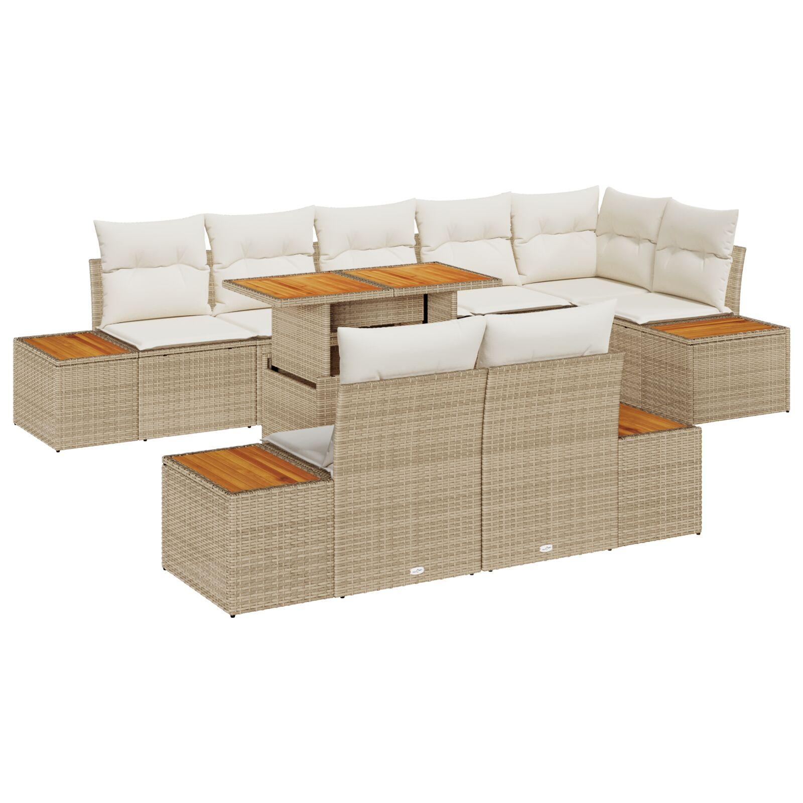 9 Stk. Have Spisebords Sæt Med Puder Beige Poly Rattan Akacia