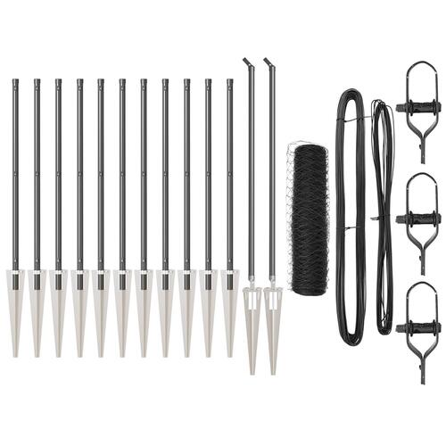 Sekskantet hegn Grå 0.6x25 m Stål, Hegnspyd med spyd 13 stk Ø32 mm 80 cm Galvaniseret stål