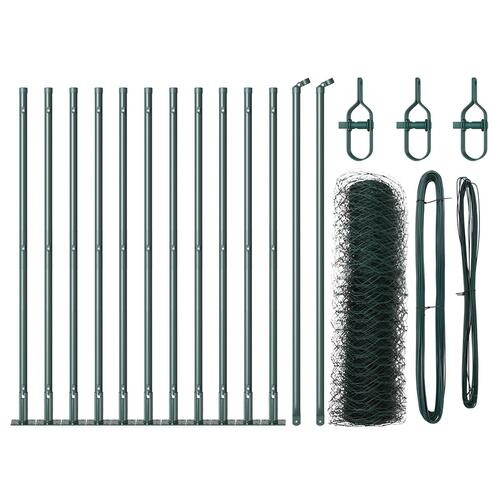 Hexagonhegn Grøn 0.4x25 m Stål, Hegnsstænger med Basisplader 13 stk Ø32mm 50cm Galvaniseret Stål