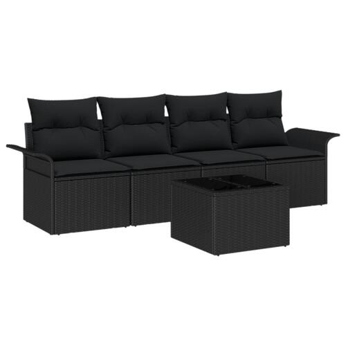5 Delers Have Sofa Sæt med Hynder Sort Polyrattan, 2-personers Have Sofa med Opbevaring & Hynder Sort Polyrattan