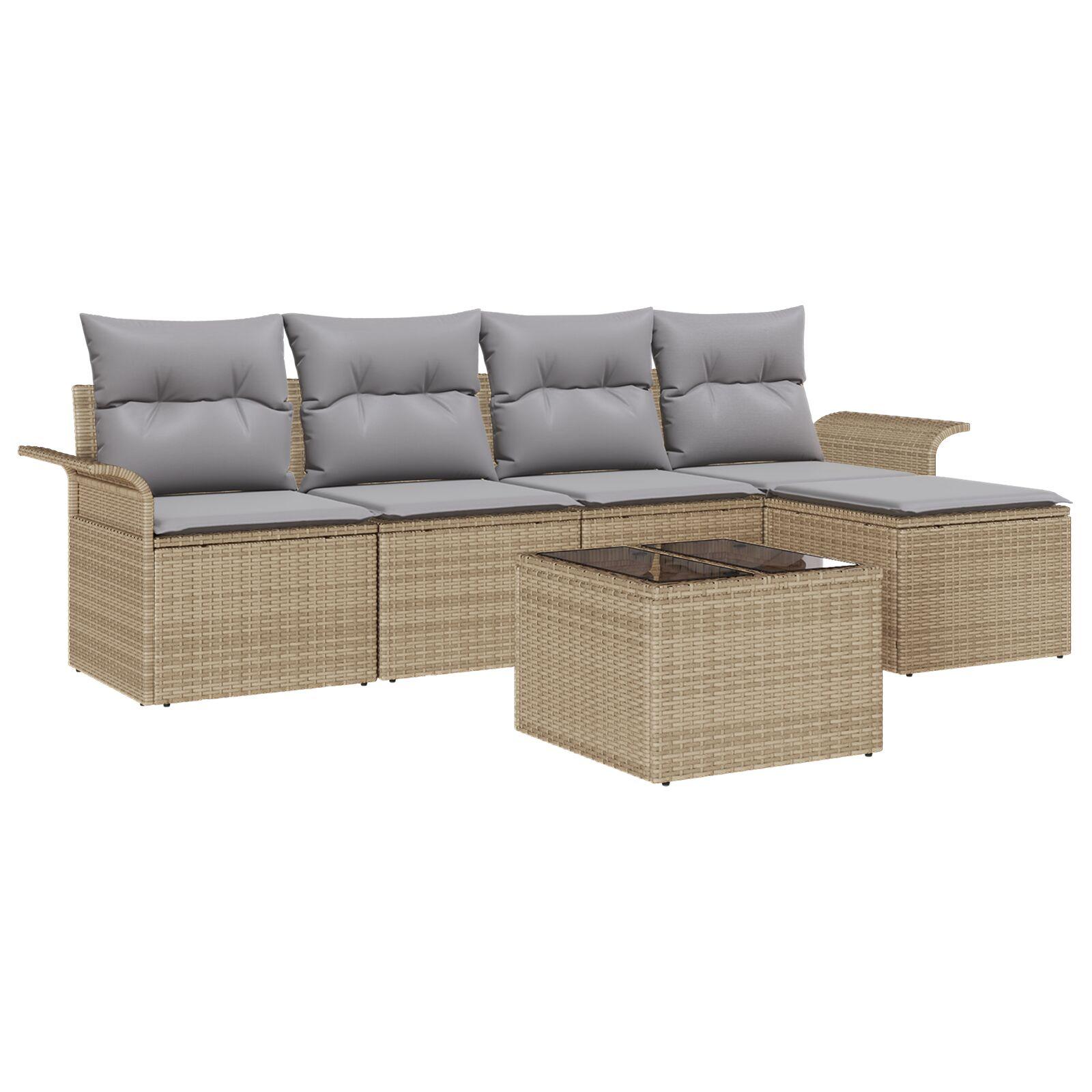 Havesofa Sæt Med Pude Med Opbevaring 6 Dele Polyrattan - beige og lysegrå