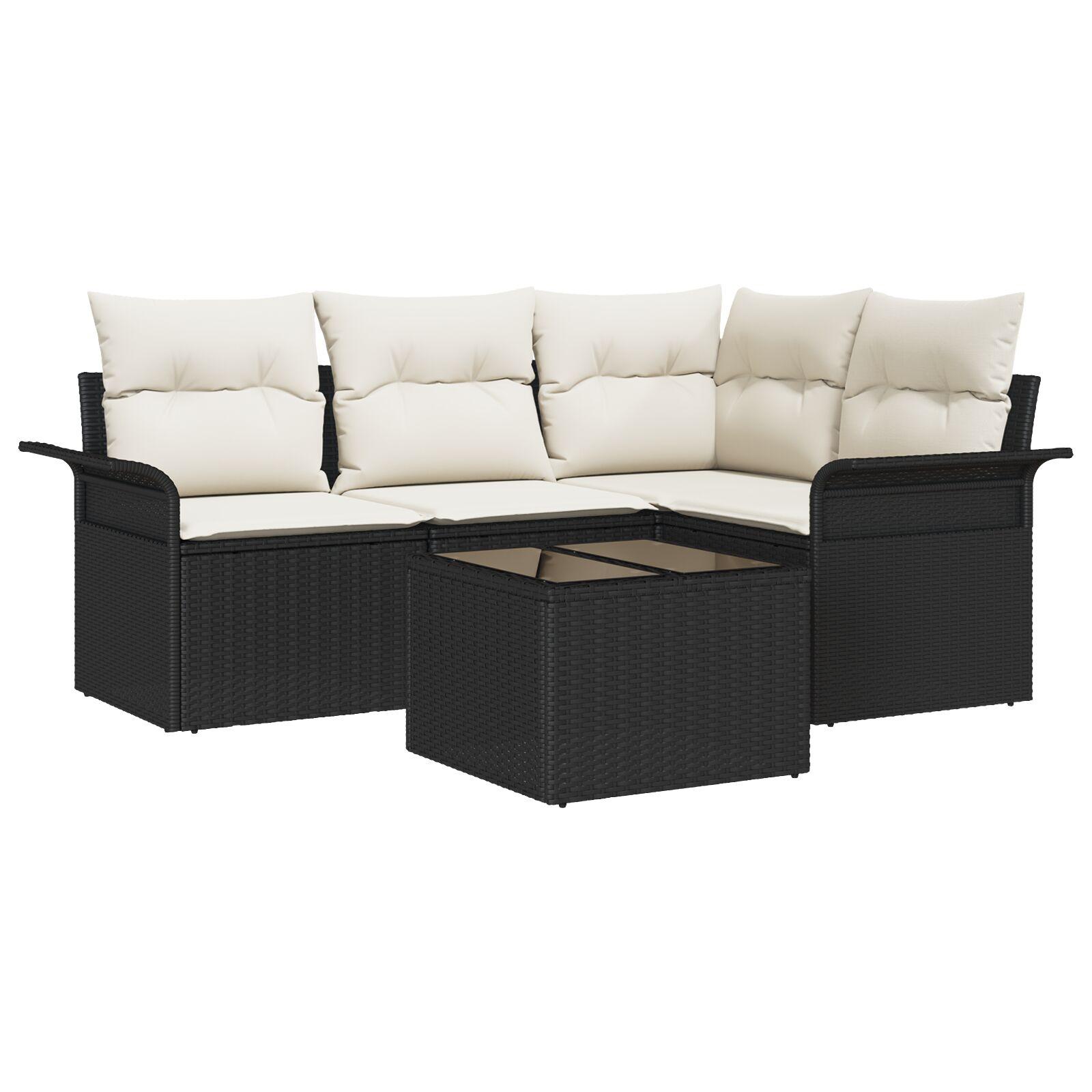 Havesofa Sæt med pude med opbevaring 5 stk Sort Poly rattan