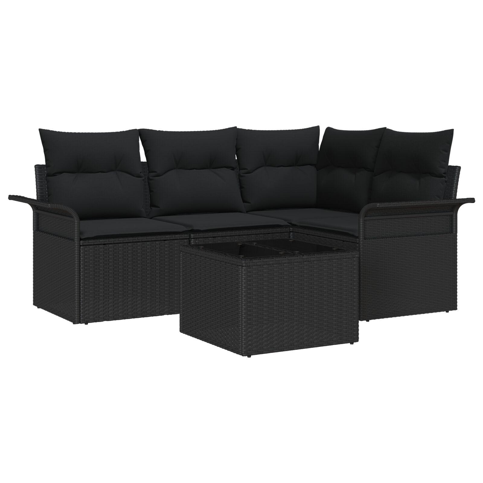 Havesofa Sæt med pude med opbevaring 5 stk Sort Poly rattan