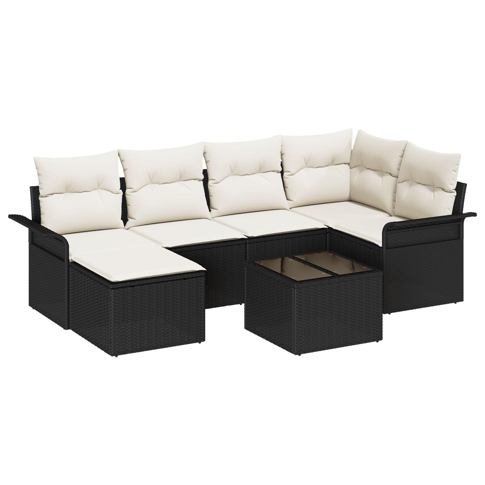 Havesofa Sæt med pude med opbevaring 7 stk Sort Poly rattan