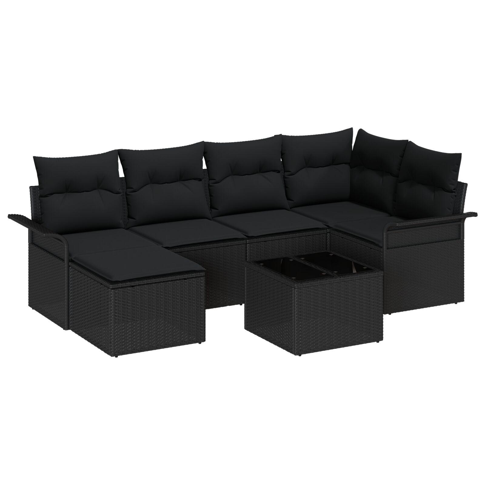 Havesofa Sæt med pude med opbevaring 7 stk Sort Poly rattan