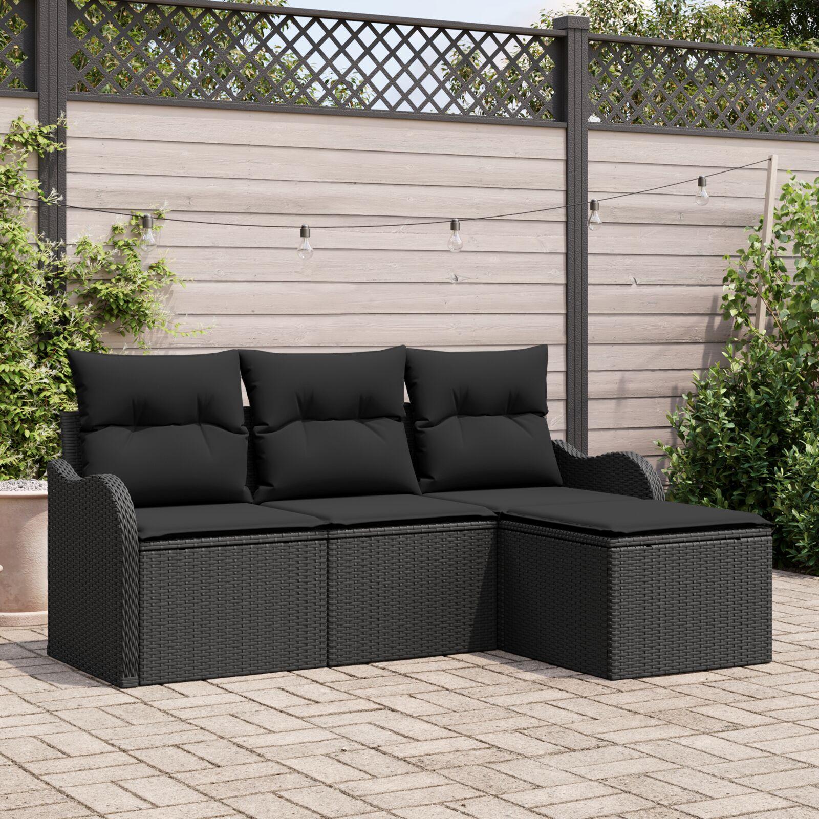 Havesofa Sæt med pude med opbevaring 4 stk Sort Poly rattan