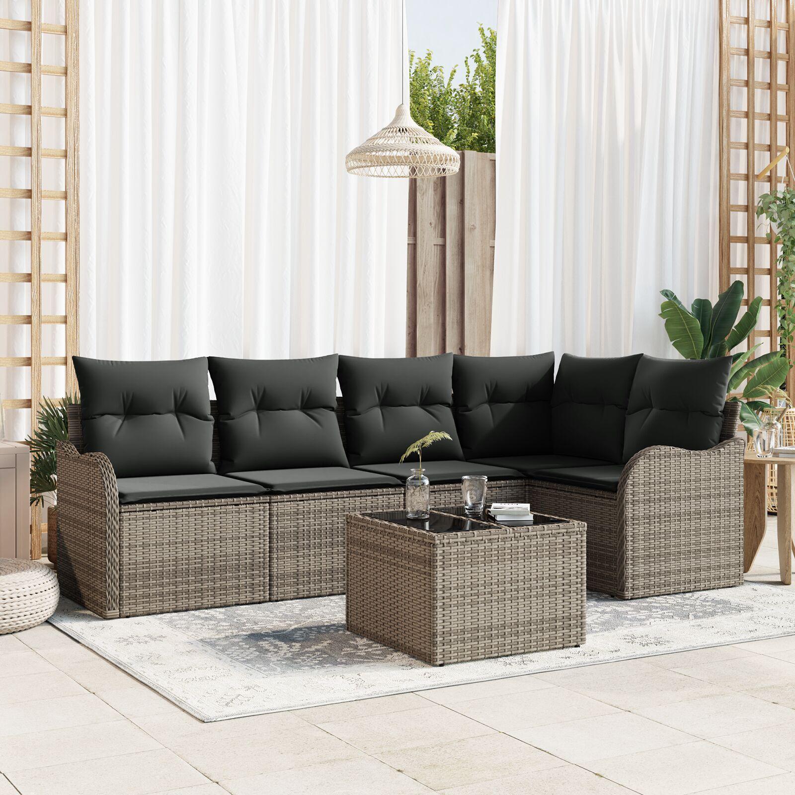 Havesofa Sæt med pude med opbevaring 6 stk Sort Poly rattan