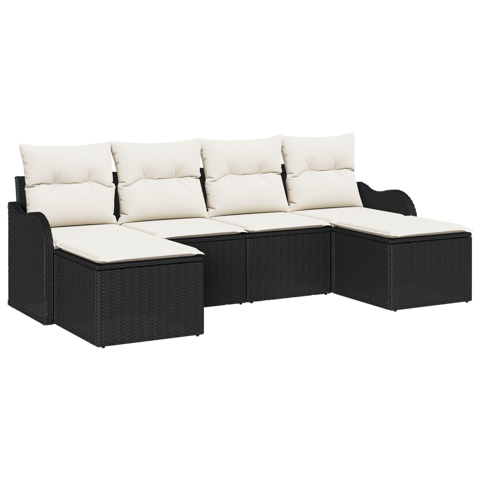 Havesofa Sæt med pude 6 stk Sort og hvid Poly rattan