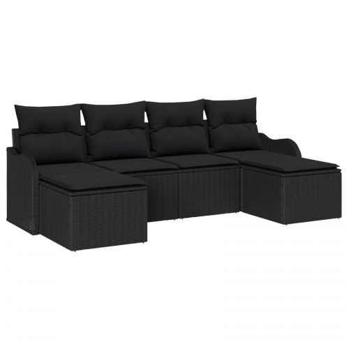 6-dele Have Sofa Sæt med Puder Sort Poly Rattan, 2-personers Have Sofa med Opbevaring & Puder Sort Poly Rattan
