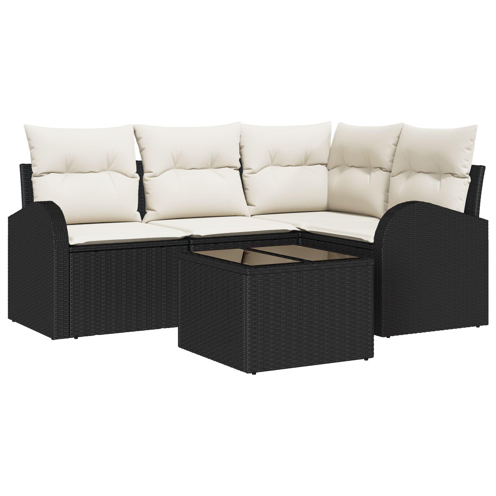 Havesofa Sæt med pude 5 stk Sort og hvid Poly rattan