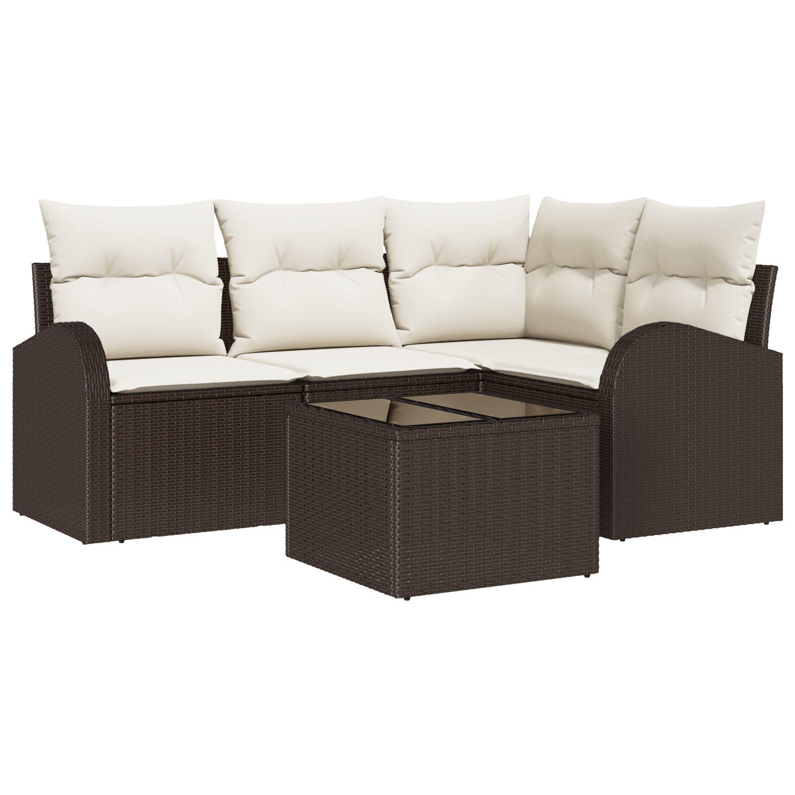 Havesofa Sæt med pude 5 stk Brun og hvid Poly rattan
