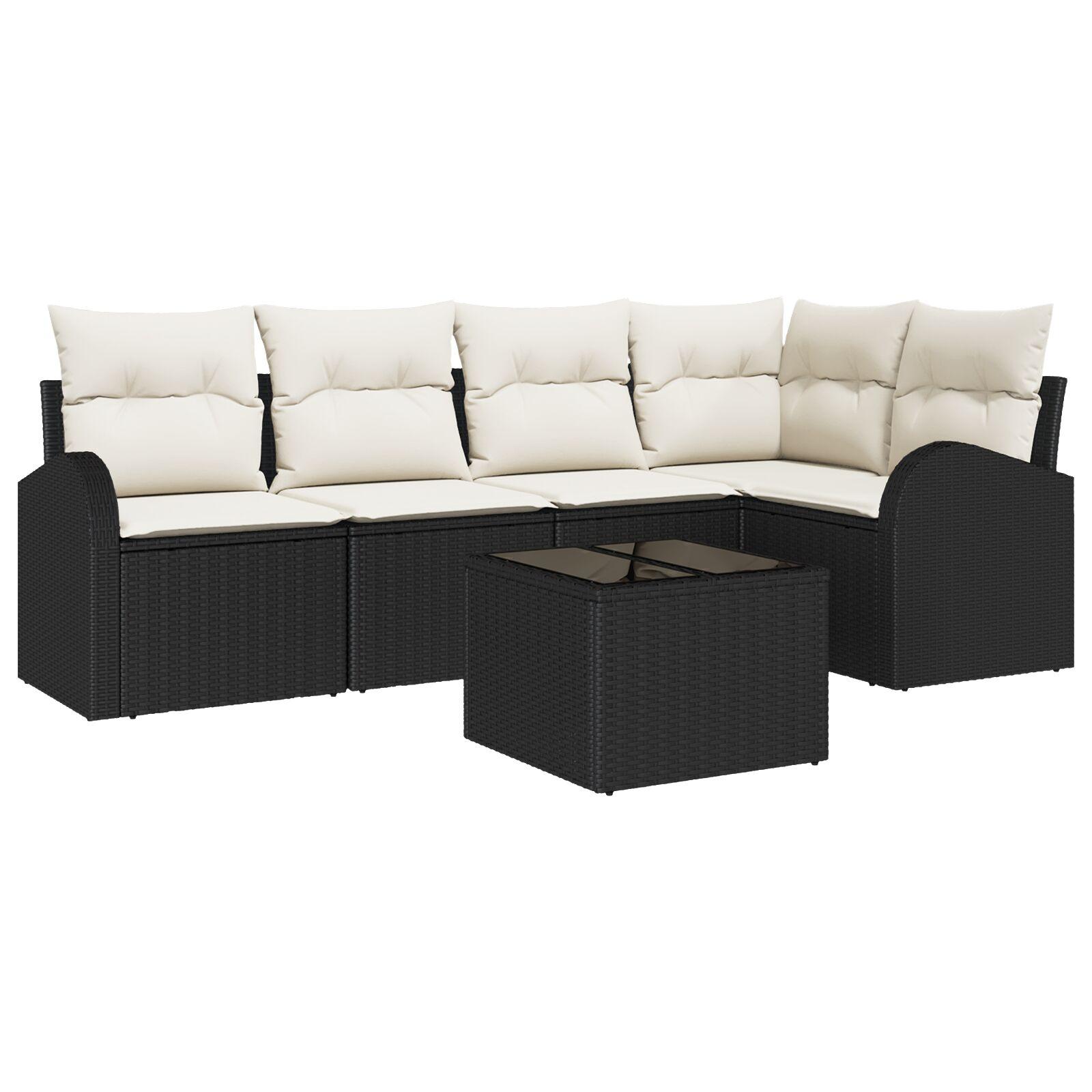 Havesofa Sæt med pude 6 stk Sort og hvid Poly rattan