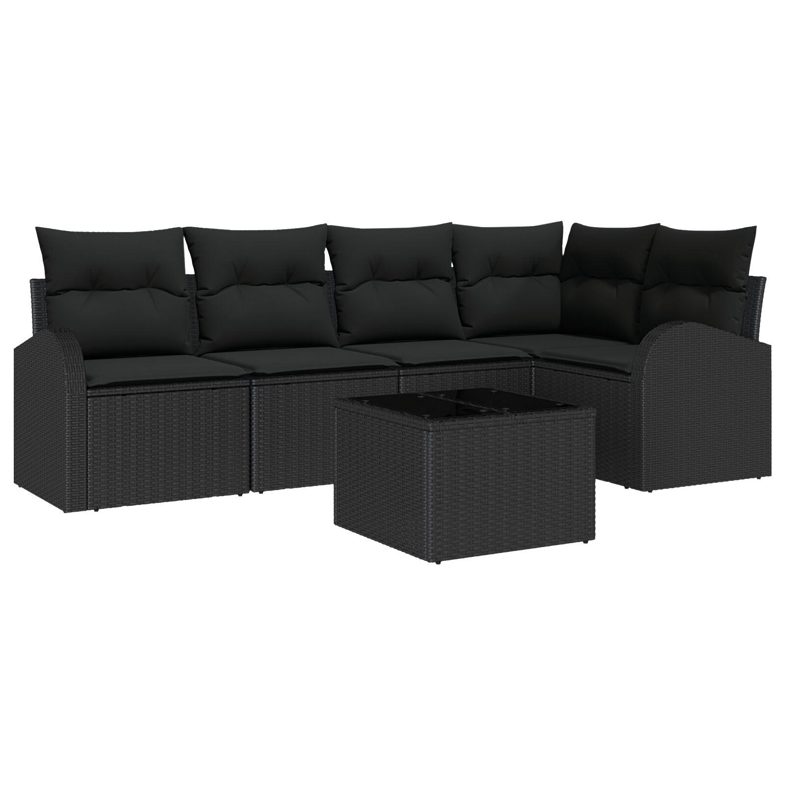 Havesofa-sæt i sort polyrattan - modulopbygget loungesæt med puder og opbevaring, 6 dele