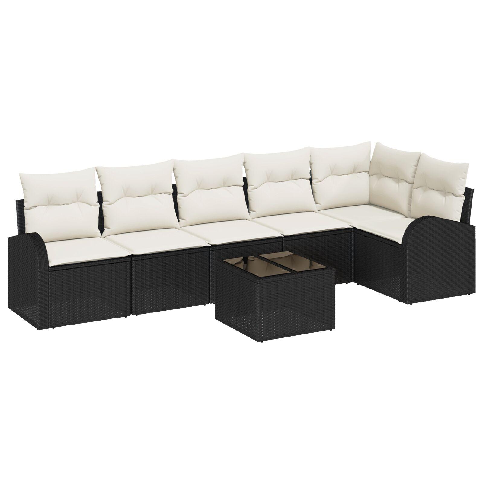 Havesofa Sæt med pude 7 stk Sort og hvid Poly rattan