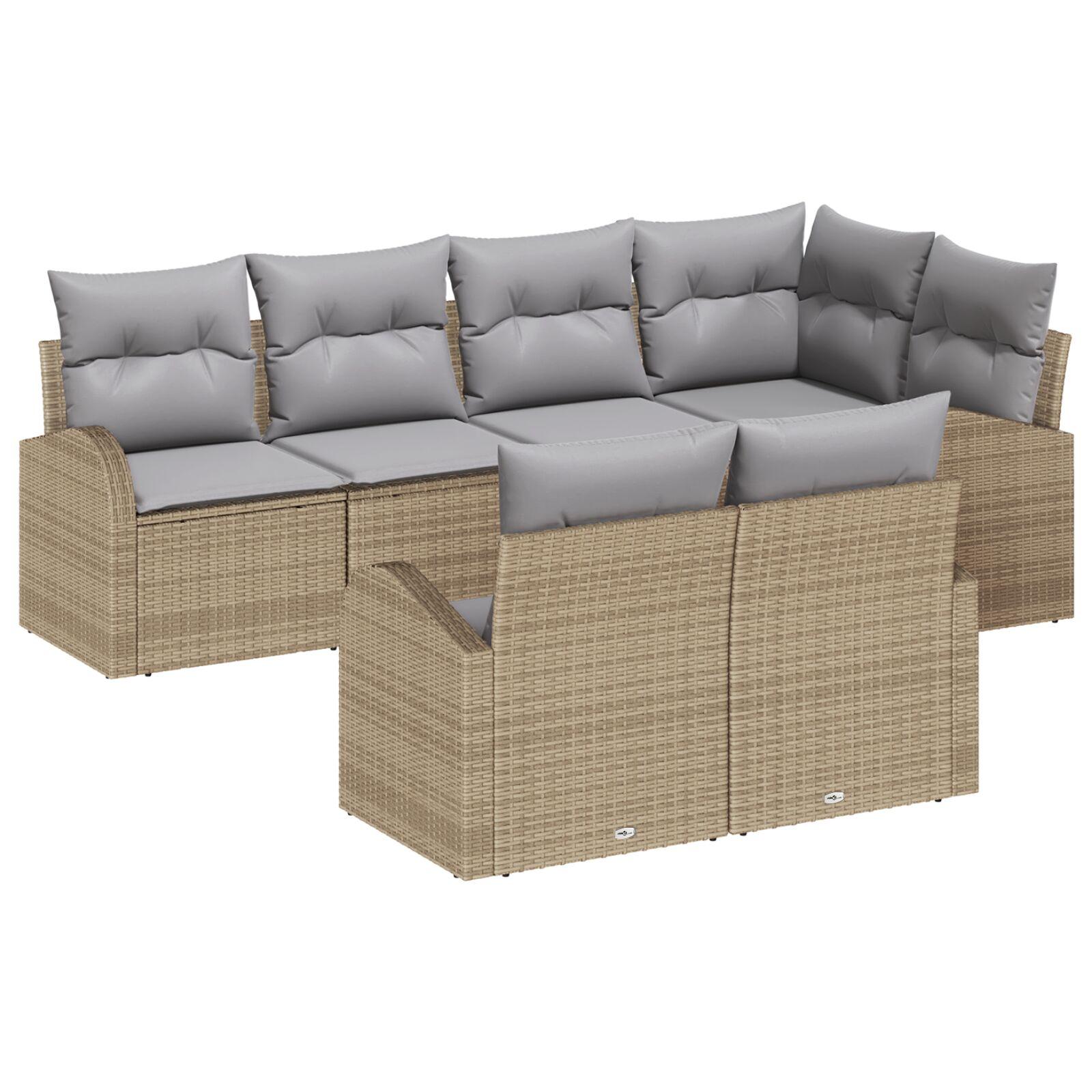 Havesofa Sæt med pude 7 stk beige og lysegrå Poly rattan